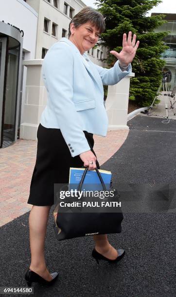 After giving a press conference, Democratic Unionist Party leader, and former Northern Ireland First Minister, Arlene Foster, waves as she leaves the...