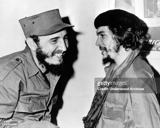 Cuban Premier Fidel Castro and his second-in-command Ernesto Che Guevara share a laugh together, Cuba, 1959.