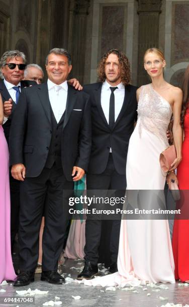 Joan Laporta, Carles Puyol and Vanessa Lorenzo attend the wedding of the goalkeeper Victor Valdes and Yolanda Cardona on June 9, 2017 in Barcelona,...