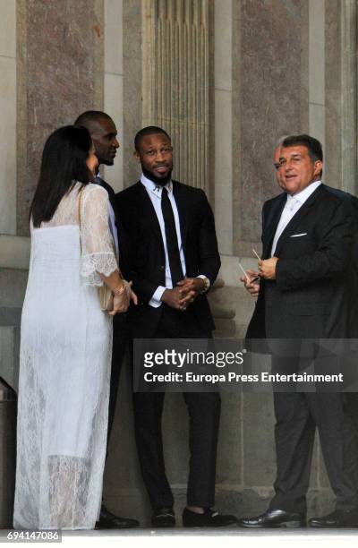Seydou Keita , Eric Abidal and Joan Laporta attend the wedding of the goalkeeper Victor Valdes and Yolanda Cardona on June 9, 2017 in Barcelona,...
