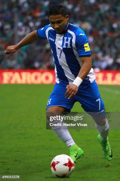 Emilio Izaguirre of Honduras drives the ball during the match between Mexico and Honduras as part of the FIFA 2018 World Cup Qualifiers at Azteca...