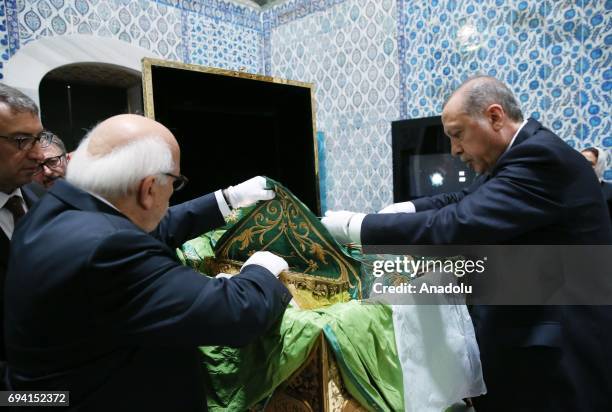 Turkish President Recep Tayyip Erdogan and Turkish Culture and Tourism Minister Nabi Avci visit Holy Mantle of the Prophet Muhammad within the...