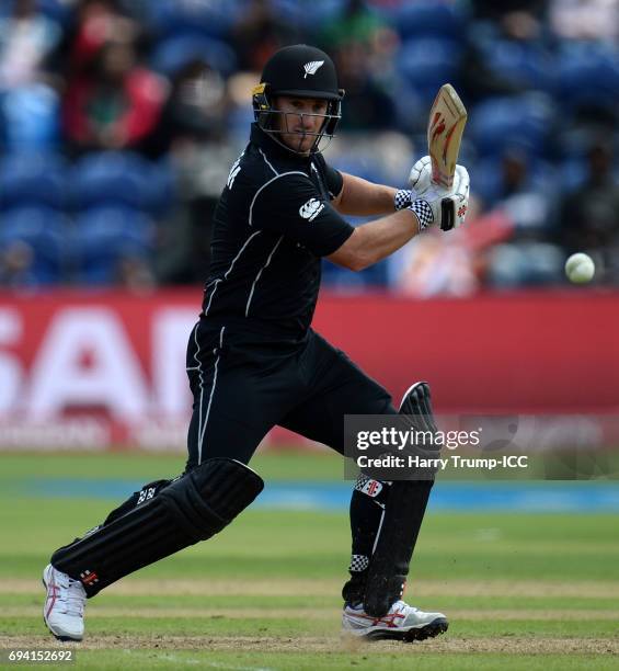 Neil Broom of New Zealand bats during the ICC Champions Trophy match between New Zealand and Bangladesh at the SWALEC Stadium on June 9, 2017 in...