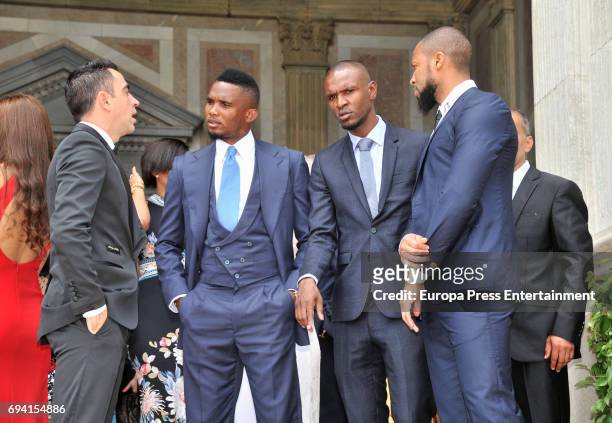 Xavi Hernandez, Samuel Etoo, Eric Abidal and Seydou Keita attend the wedding of the goalkeeper Victor Valdes and Yolanda Cardona on June 9, 2017 in...