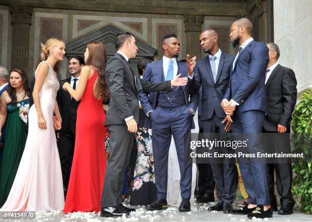 Vanessa Lorenzo, Nuria Cunillera, Xavi Hernandez, Samuel Etoo, Eric Abidal and Seydou Keita attend the wedding of the goalkeeper Victor Valdes and...