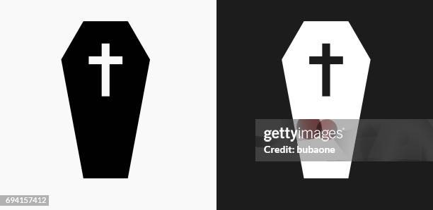 casket and cross icon on black and white vector backgrounds - coffin illustration stock illustrations