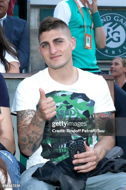 Football player Marco Verratti attends the 2017 French Tennis Open - Day Thirteen at Roland Garros on June 9, 2017 in Paris, France.