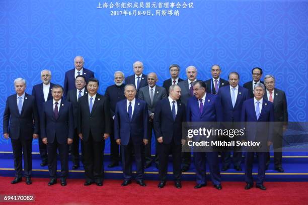 In lower raw: SCO Seretary Rashid Alimov, Uzbek President Shavkat Mirziyoyev, Chinese President Xi Jinping, Kazakh President Nursultan Nazarbayev,...