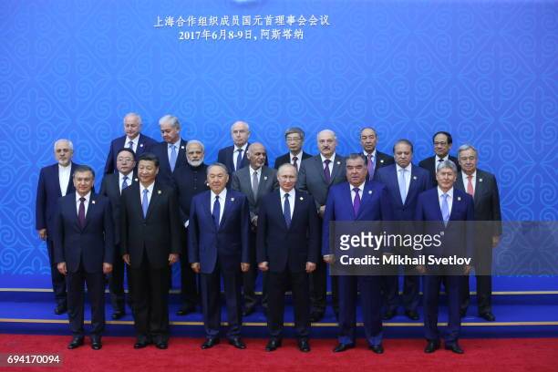 In lower raw: Uzbek President Shavkat Mirziyoyev, Chinese President Xi Jinping, Kazakh President Nursultan Nazarbayev, President Vladimir Putin,...