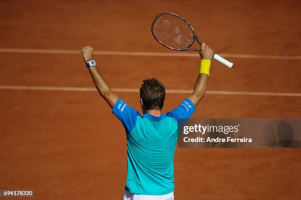 Stan Wawrinka of Switzerland celebrates during the day 13 of the French Open at Roland Garros on June 9, 2017 in Paris, France.