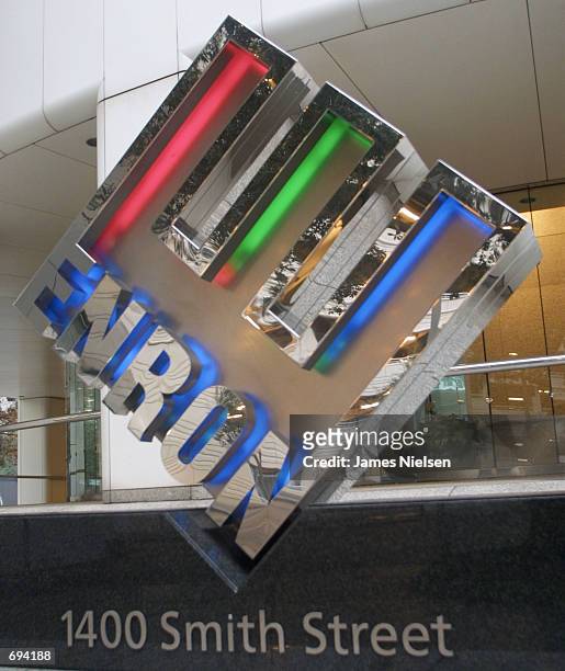 The Enron logo is seen January 23, 2002 in front of the companys corporate headquarters in Houston, TX. Federal prosecuters and the FBI are...