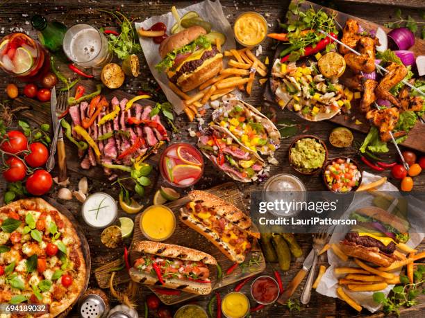 hand held bbq favorites - wooden board　food stock pictures, royalty-free photos & images