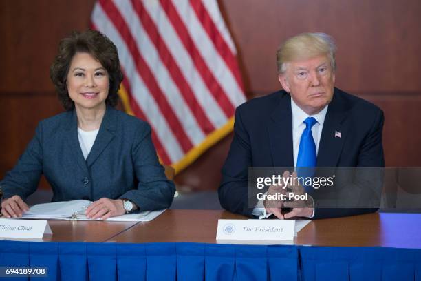 President Donald J. Trump participates in the 'Roads, Rails, and Regulatory Relief roundtable meeting', beside Secretary of Transportation Elaine...