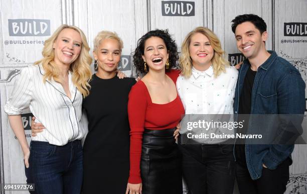 Actors Kate McKinnon, Zoe Kravitz, Ilana Glazer, Jillian Bell and writer Paul W. Downs attend Build to discuss 'Rough Night' at Build Studio on June...