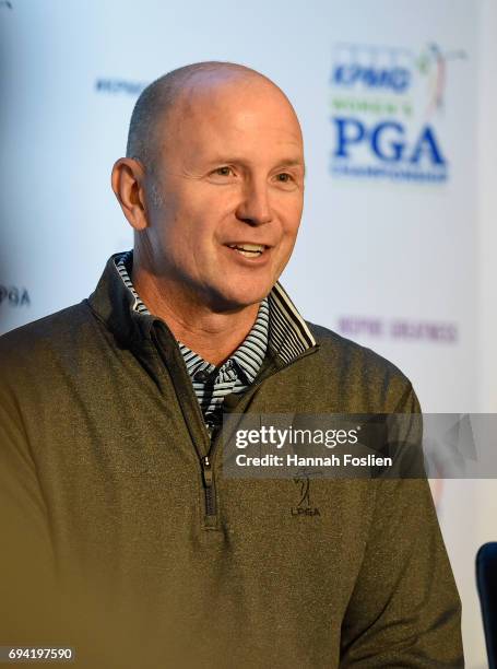 Of the LPGA, Jon Podany speaks at the 2019 KPMG Women's PGA Championship Announcement on June 9, 2017 at Hazeltine National Golf Club in Chaska,...