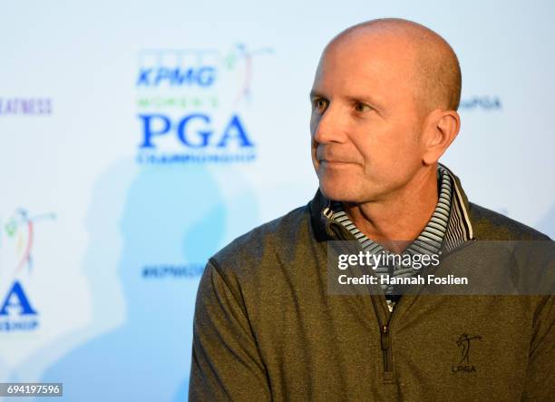 Of the LPGA, Jon Podany speaks at the 2019 KPMG Women's PGA Championship Announcement on June 9, 2017 at Hazeltine National Golf Club in Chaska,...