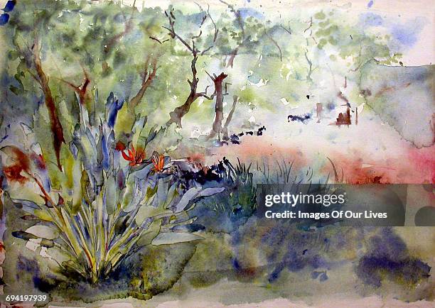 stockillustraties, clipart, cartoons en iconen met zen meditation garden watercolor painting - het zuiden van de verenigde staten