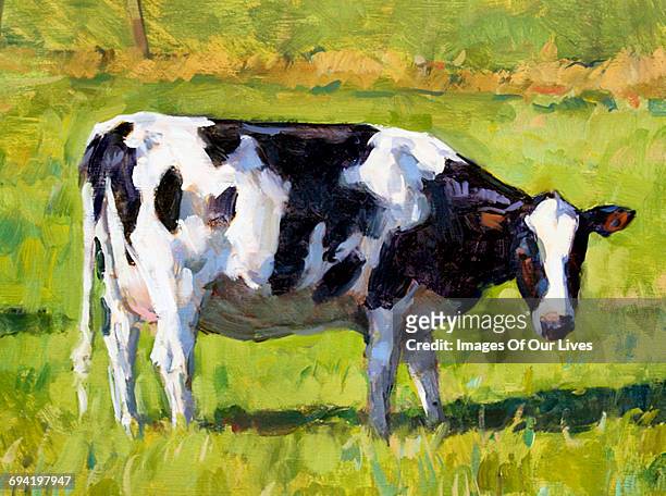 cow in field - oil painting stock illustrations