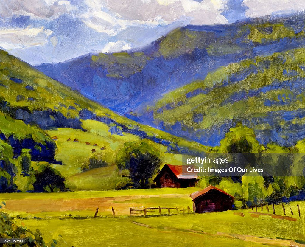 Country valley landscape still life painting