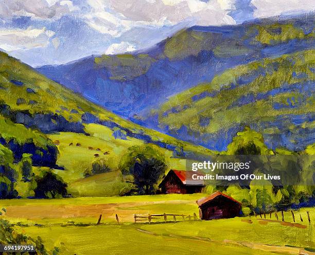 country valley landscape still life painting - farmhouse stock-grafiken, -clipart, -cartoons und -symbole