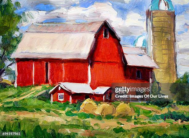 still life painting rural barn and silo - barn stock illustrations