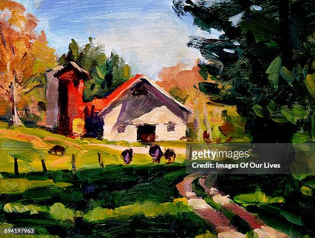 ilustraciones, imágenes clip art, dibujos animados e iconos de stock de still life painting rural barn and silo - track and field
