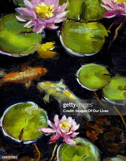 koi lilly pond lotus - fish painting stock-grafiken, -clipart, -cartoons und -symbole