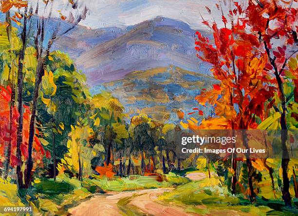 autumn leaves on trees in mountains - country road stock illustrations