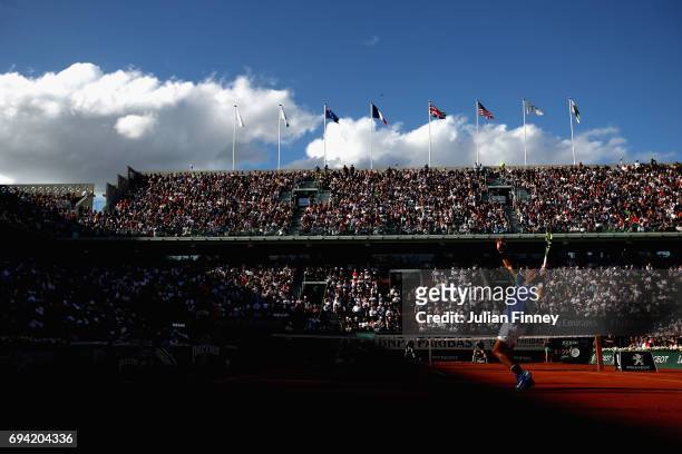 General view inside Court Philippe Chatrier as Rafael Nadal of Spain serves during the mens singles semi-final match against Dominic Thiem of Austria...