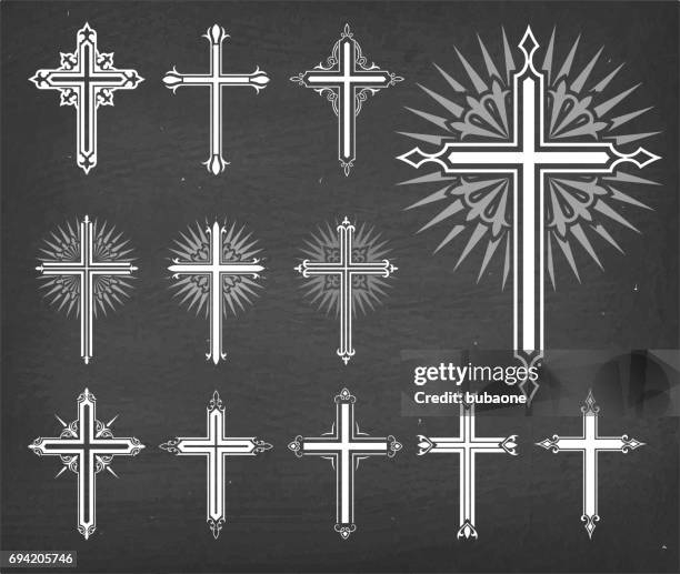 ilustraciones, imágenes clip art, dibujos animados e iconos de stock de christaian religiosas cruces vector conjunto en negro pizarra - x ray image