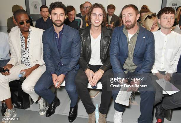 Vas J Morgan, Aidan Turner, Willow Robinson, Ralph Ineson and Fin Munro attend the Oliver Spencer SS18 Catwalk Show during London Fashion Week Men's...