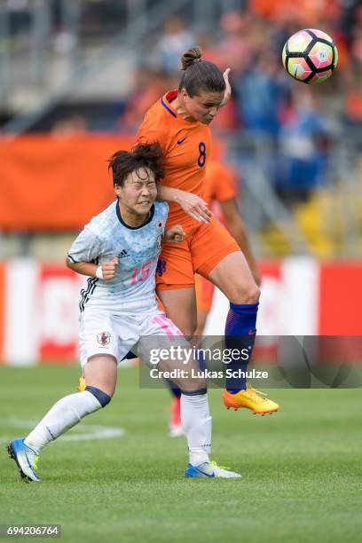 Yuka Momiki of Japan and Sherida Spitse of Netherlands head the ball during the Women's International Friendly match between Netherlands and Japan at...