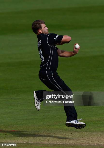 New Zealand bowler Corey Anderson bowls during the ICC Champions Trophy match between New Zealand and Bangladesh at SWALEC Stadium on June 9, 2017 in...