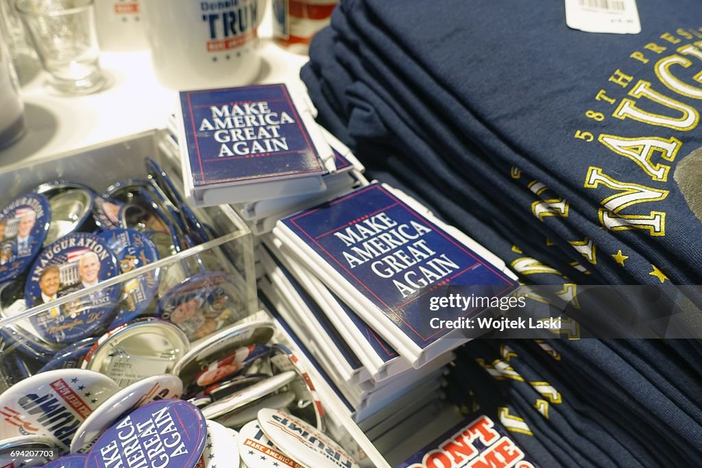 Trump Inauguration Store Donald Trump badges and T-shirts on sale in a gadget and souvenir ...
