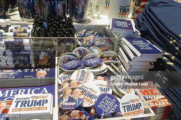 Trump Things Donald Trump badges and fridge magnets on sale in a gadget and... News Photo - Getty Images