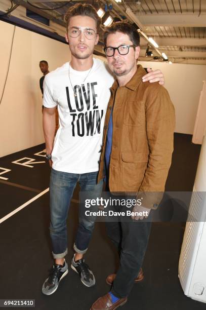 Harvey Newton-Haydon poses backstage with Oliver Spencer at the Oliver Spencer SS18 Catwalk Show during London Fashion Week Men's June 2017 on June...