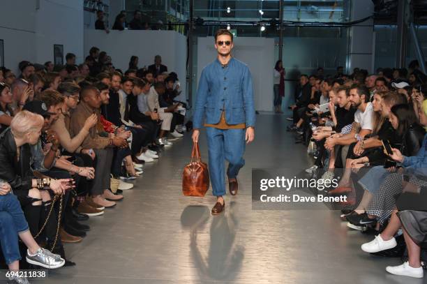 Harvey Newton-Haydon walks the runway at the Oliver Spencer SS18 Catwalk Show during London Fashion Week Men's June 2017 on June 9, 2017 in London,...