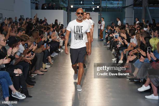 Models walk the runway at the Oliver Spencer SS18 Catwalk Show during London Fashion Week Men's June 2017 on June 9, 2017 in London, England.