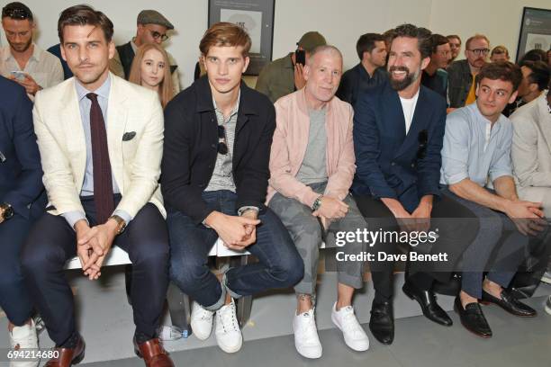 Johannes Huebl, Toby Huntington-Whiteley, guest, Jack Guinness and Tom Daley attend the Oliver Spencer SS18 Catwalk Show during London Fashion Week...
