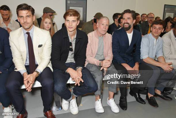 Johannes Huebl, Toby Huntington-Whiteley, guest, Jack Guinness and Tom Daley attend the Oliver Spencer SS18 Catwalk Show during London Fashion Week...