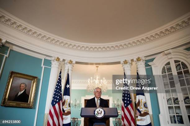 Secretary of State Rex Tillerson delivers a statement regarding Qatar at the State Department, June 9, 2017 in Washington, DC. Tillerson called on...