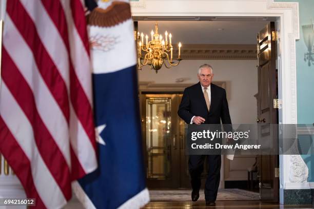 Secretary of State Rex Tillerson arrives to deliver a statement regarding Qatar at the State Department, June 9, 2017 in Washington, DC. Tillerson...