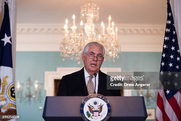 Secretary of State Rex Tillerson delivers a statement regarding Qatar at the State Department, June 9, 2017 in Washington, DC. Tillerson called on...