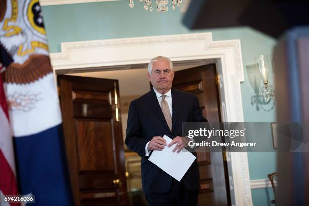 Secretary of State Rex Tillerson arrives to deliver a statement regarding Qatar at the State Department, June 9, 2017 in Washington, DC. Tillerson...