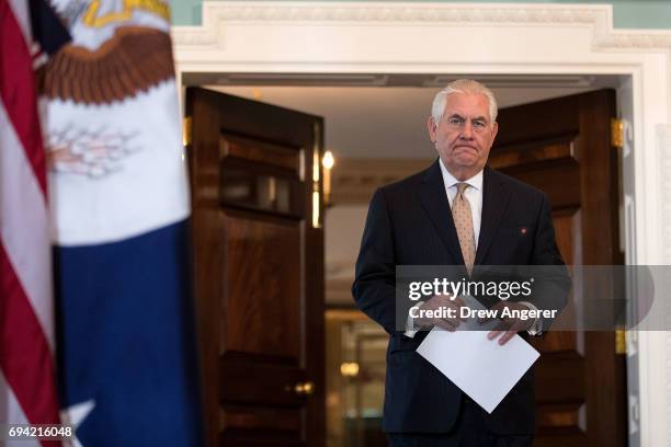 Secretary of State Rex Tillerson arrives to deliver a statement regarding Qatar at the State Department, June 9, 2017 in Washington, DC. Tillerson...