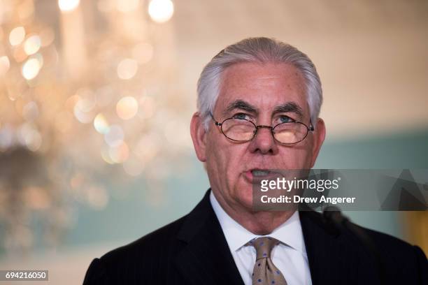 Secretary of State Rex Tillerson delivers a statement regarding Qatar at the State Department, June 9, 2017 in Washington, DC. Tillerson called on...