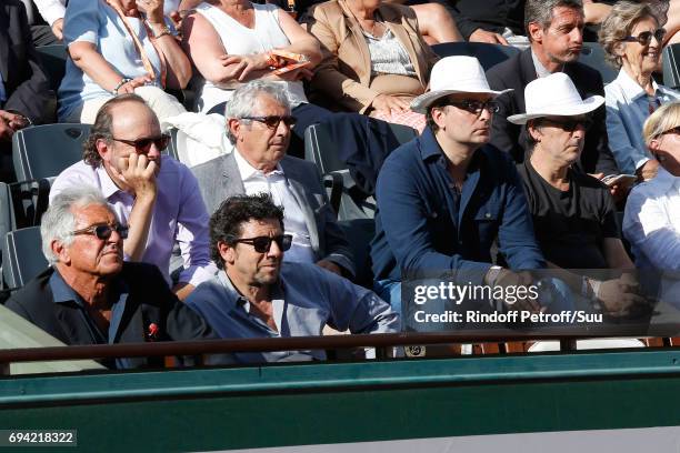 Jean-Paul Enthoven, Patrick Bruel, Michel Boujenah, guest and Yvan Attal attend the 2017 French Tennis Open - Day Thirteen at Roland Garros on June...