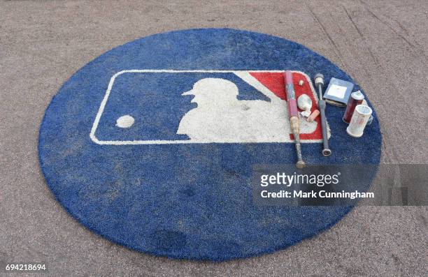 Detailed view of the on-deck circle during the game between the Cleveland Indians and the Detroit Tigers at Comerica Park on May 3, 2017 in Detroit,...
