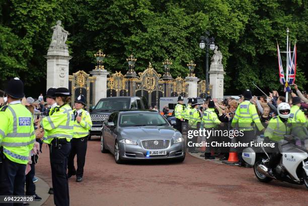 British Prime Minister Theresa May arrives at Buckingham Palace for her audience with Queen Elizabeth II on June 9, 2017 in London, United Kingdom....