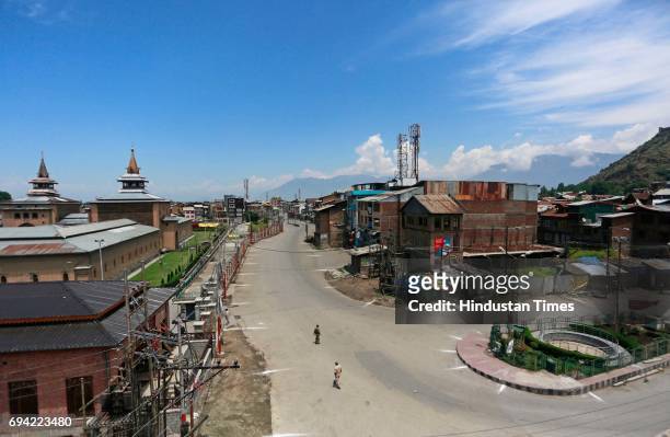 An aerial view of a deserted streets during a curfew and strike on June 9, 2017 in downtown Srinagar, India. The valley's separatist leaders had...